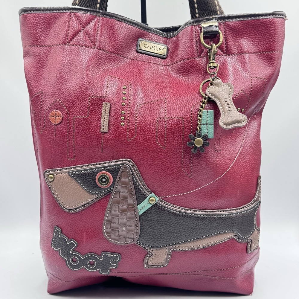 Chala Weiner Dog Dachshund Everyday Faux Leather Tote Bag Burgundy Red Large